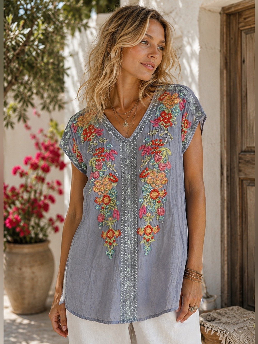 Johnny Was Top, Mini Dress. Blue Embroidered 100% Cupra Rayon. XSmall